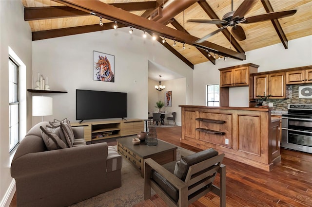 living room featuring beam ceiling, a wealth of natural light, and wooden ceiling