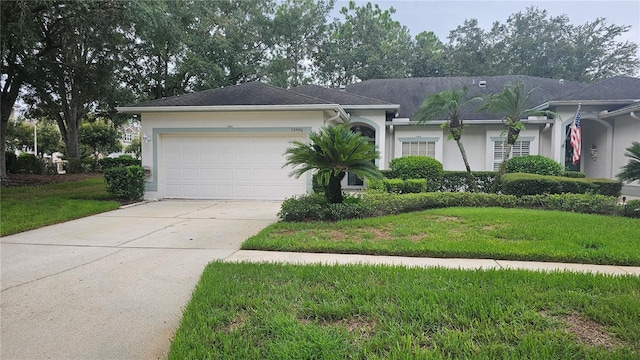 single story home with a garage and a front yard