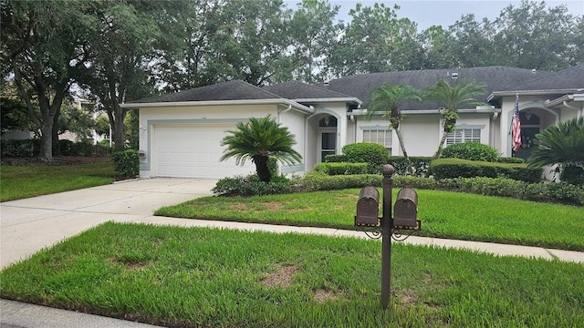 ranch-style house with a garage and a front lawn