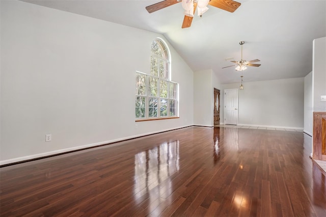 unfurnished living room with high vaulted ceiling, dark hardwood / wood-style floors, and ceiling fan