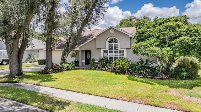 single story home featuring a front lawn