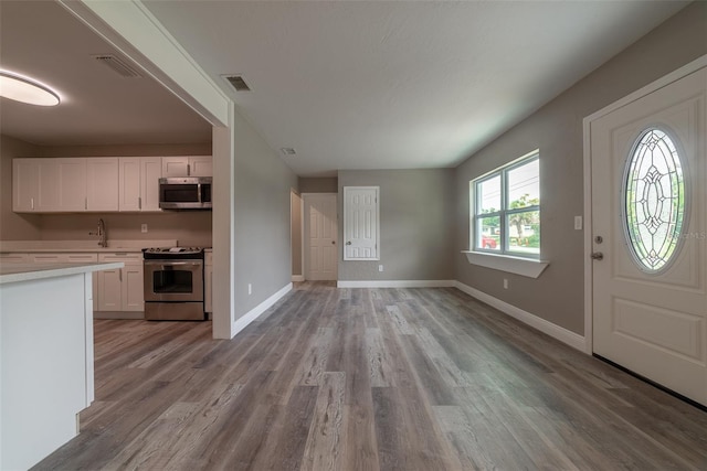 entryway with sink and light hardwood / wood-style floors