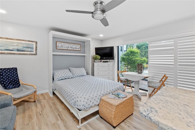 bedroom with access to exterior, recessed lighting, ceiling fan, light wood-type flooring, and baseboards