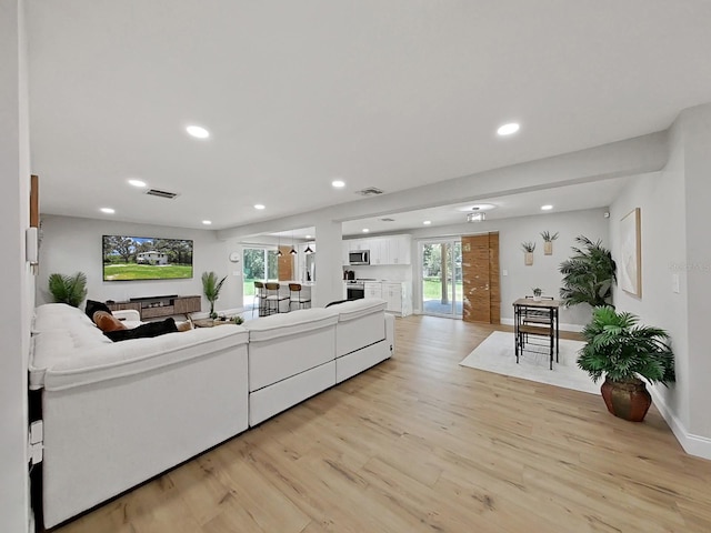 living room featuring light wood-type flooring and a healthy amount of sunlight