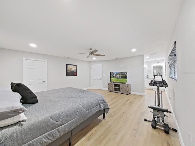 bedroom featuring ceiling fan and light hardwood / wood-style flooring