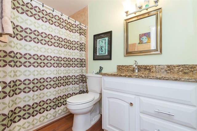 bathroom featuring vanity, hardwood / wood-style flooring, and toilet