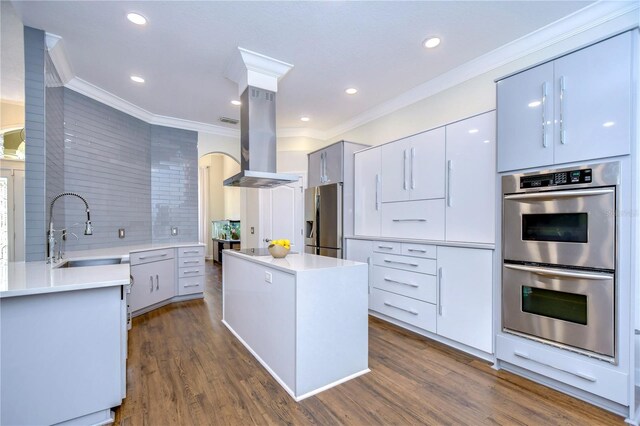 kitchen with a kitchen island, appliances with stainless steel finishes, dark hardwood / wood-style floors, and island range hood