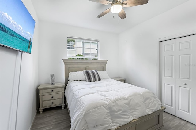 bedroom with light hardwood / wood-style floors, ceiling fan, and a closet