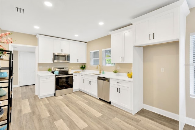 kitchen featuring sink, white cabinetry, light hardwood / wood-style flooring, and stainless steel appliances