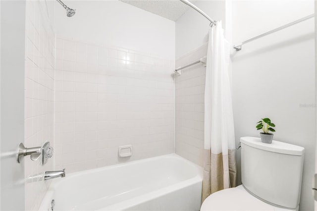 bathroom with toilet and shower / bathtub combination with curtain