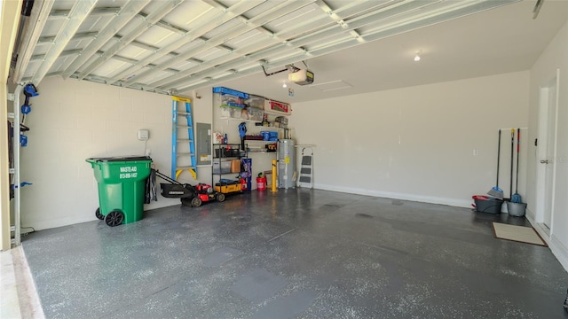 garage featuring a garage door opener, gas water heater, and electric panel