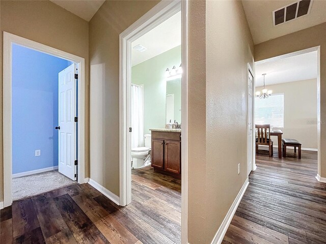 corridor with a chandelier, dark hardwood / wood-style floors, and sink