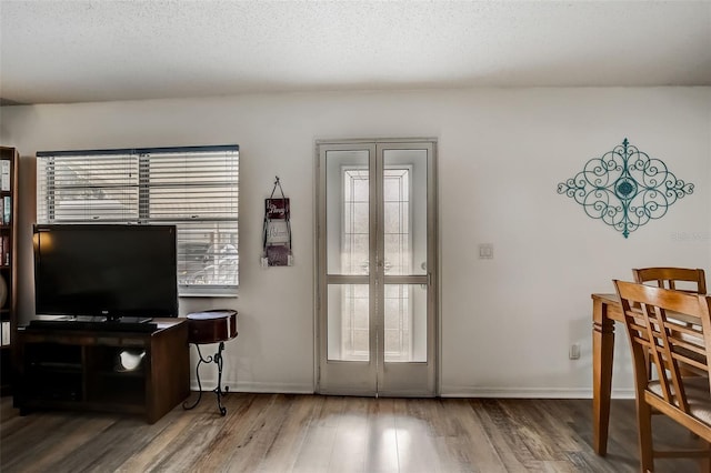 interior space featuring a textured ceiling and wood-type flooring