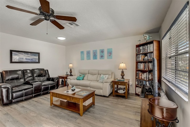 living area with light wood-style floors, ceiling fan, visible vents, and a textured ceiling