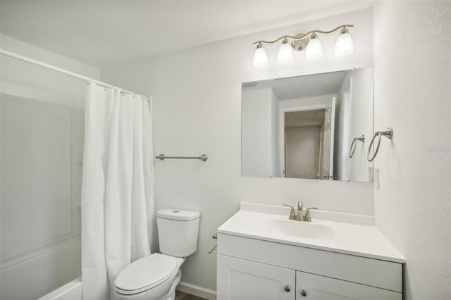 full bathroom with shower / bath combination with curtain, toilet, and vanity