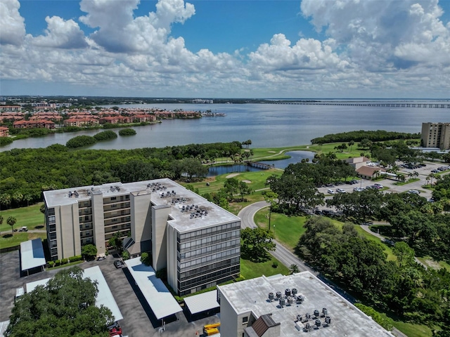 drone / aerial view featuring a water view