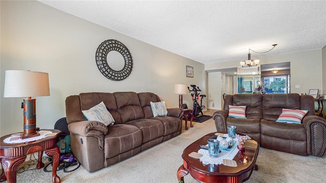 living room featuring light colored carpet, a chandelier, and a textured ceiling