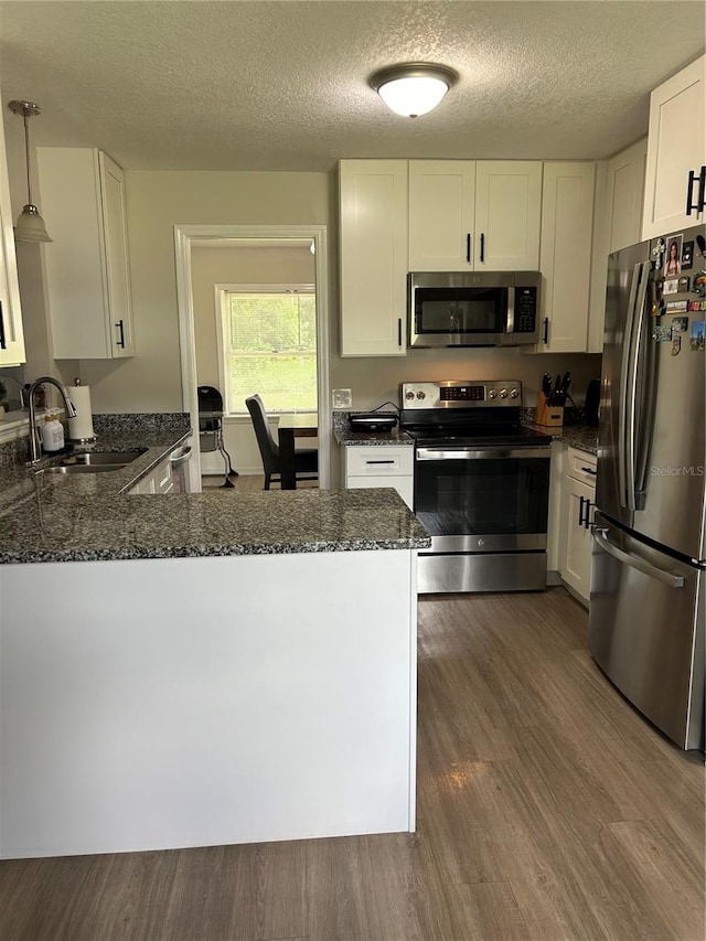 kitchen featuring appliances with stainless steel finishes, hanging light fixtures, kitchen peninsula, and sink