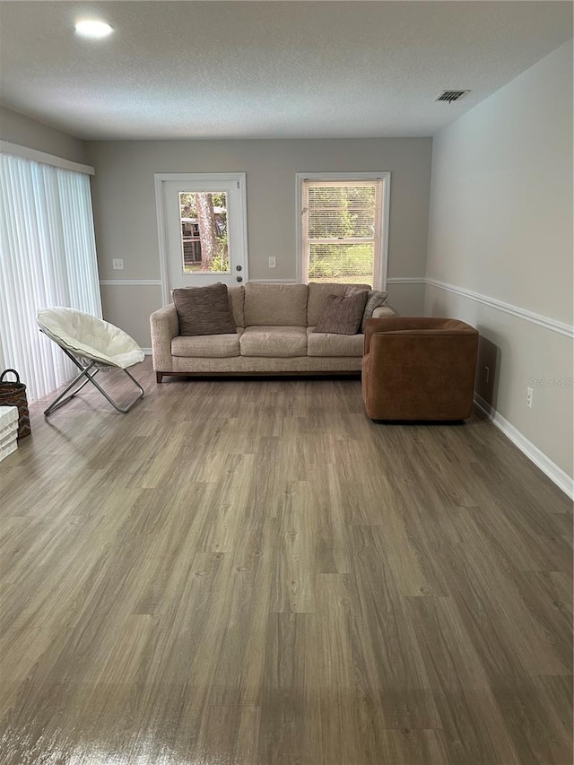 living room with wood-type flooring and a textured ceiling