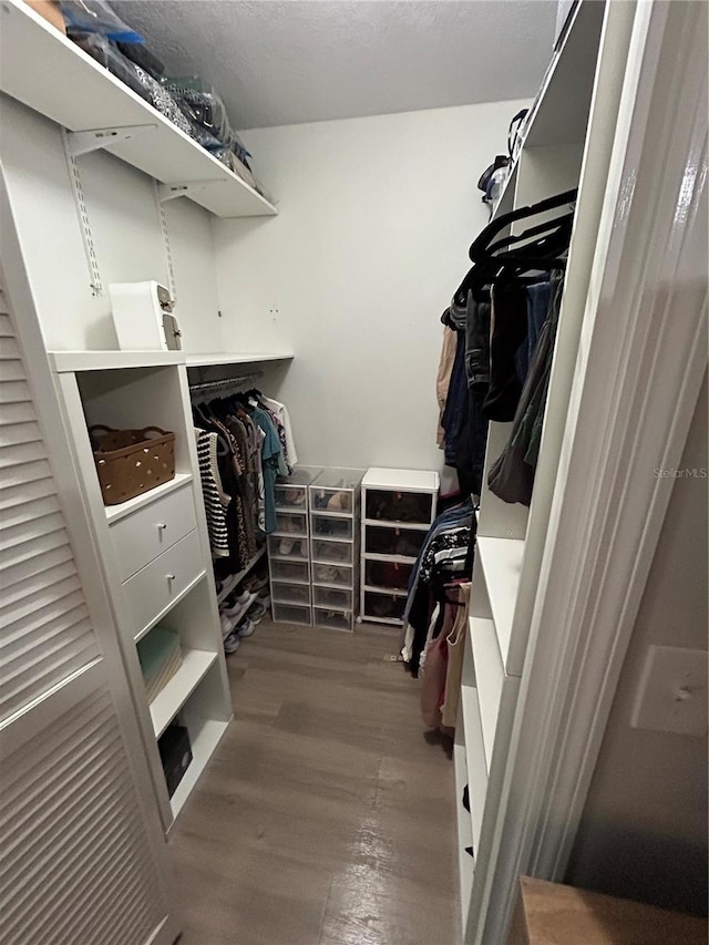 walk in closet with hardwood / wood-style flooring