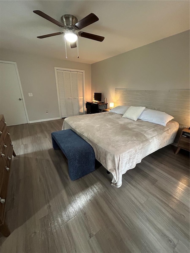 bedroom with ceiling fan, a closet, and dark hardwood / wood-style floors