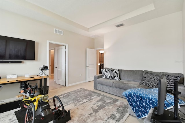 living room with a raised ceiling