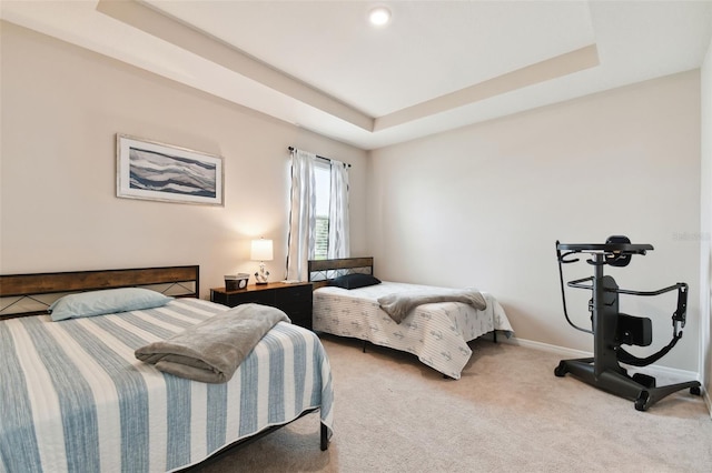 bedroom featuring carpet floors and a tray ceiling