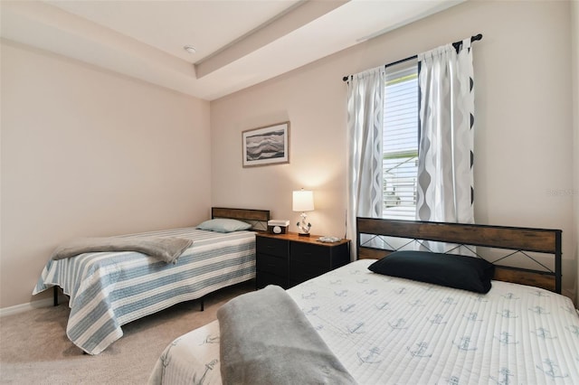 bedroom featuring carpet floors and a tray ceiling