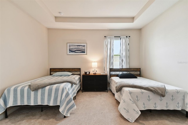 carpeted bedroom featuring a raised ceiling