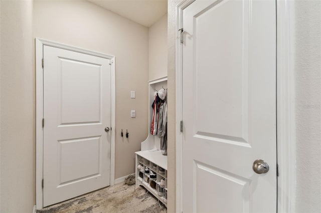 mudroom featuring light colored carpet