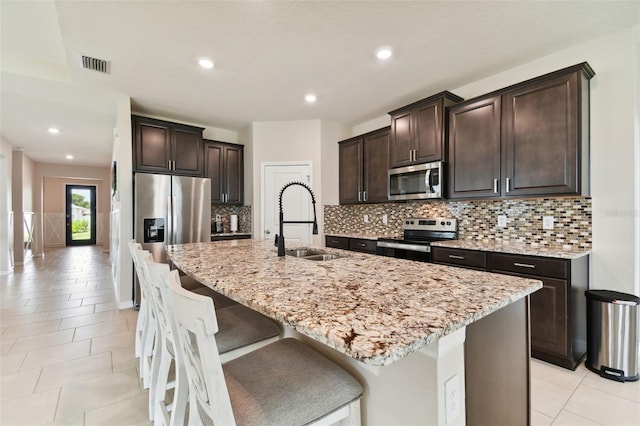 kitchen featuring sink, decorative backsplash, a center island with sink, and stainless steel appliances