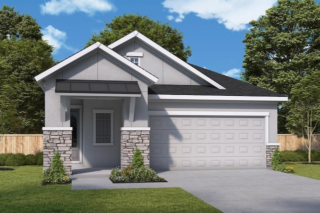 view of front of house featuring stone siding, fence, driveway, and stucco siding