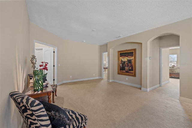 living area featuring a textured ceiling and light carpet