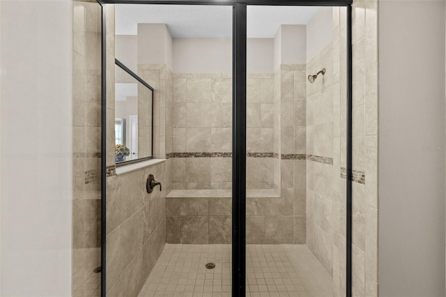 bathroom with a shower with shower door