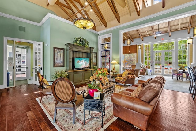 living room with french doors, wood ceiling, beamed ceiling, hardwood / wood-style floors, and high vaulted ceiling