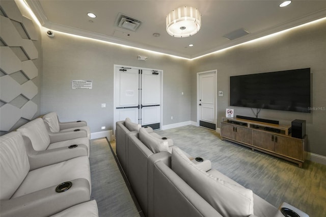 living room with ornamental molding and dark hardwood / wood-style floors