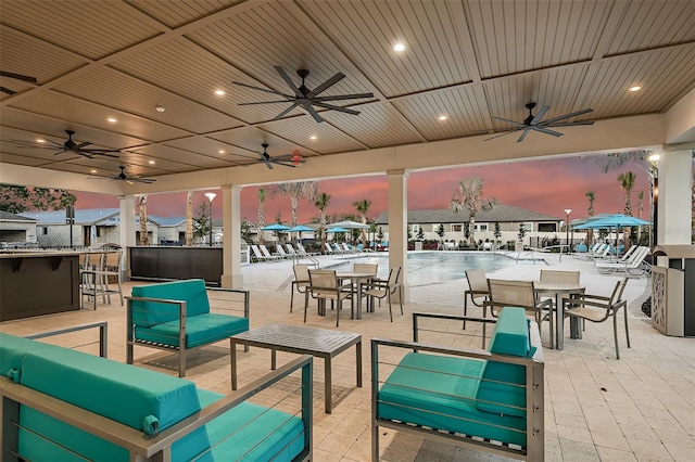 patio terrace at dusk with exterior bar