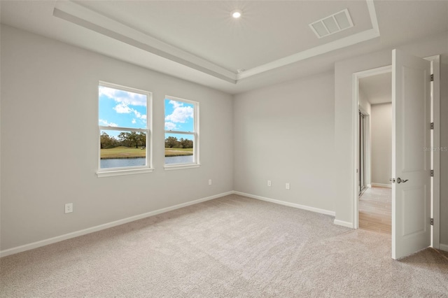 unfurnished room with light carpet, a raised ceiling, and a water view