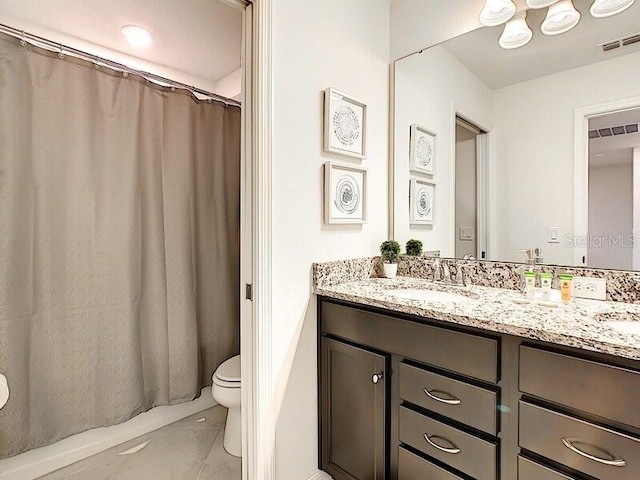 full bathroom featuring tile patterned floors, independent shower and bath, toilet, and vanity