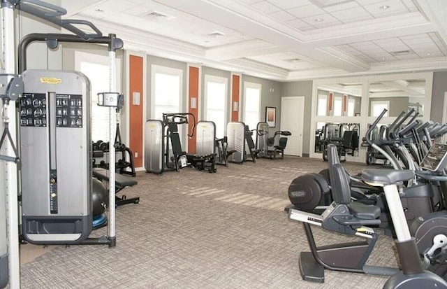 7472 Oakmoss Loop, Davenport, FL 33837 - gym featuring carpet flooring, coffered ceiling, baseboards, and crown molding