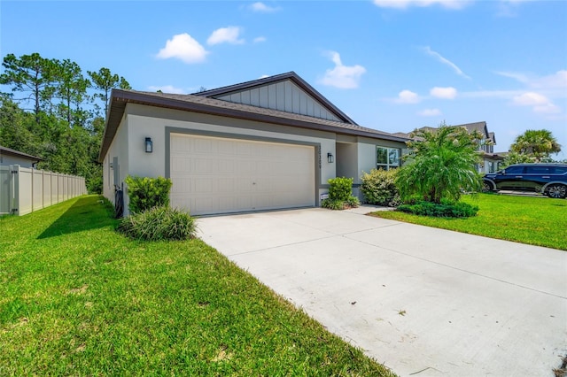 single story home featuring a garage and a front lawn