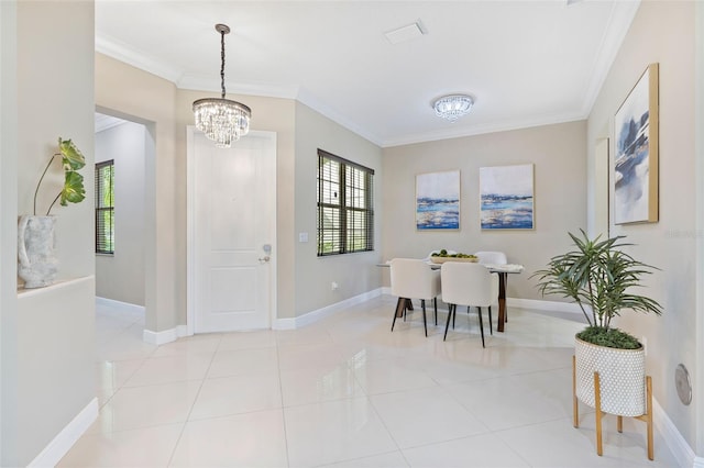 tiled dining room featuring crown molding and a chandelier