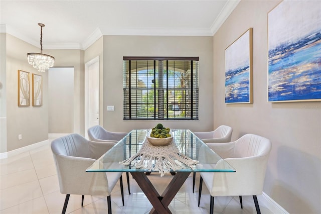 tiled dining room with crown molding, a chandelier, and breakfast area