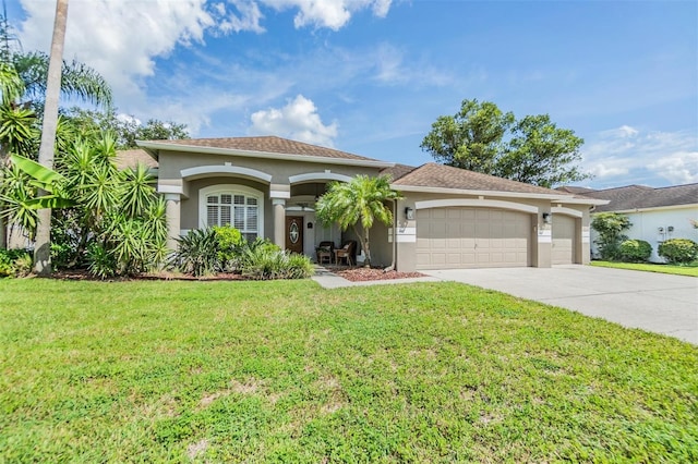 view of front of property with a garage and a front lawn