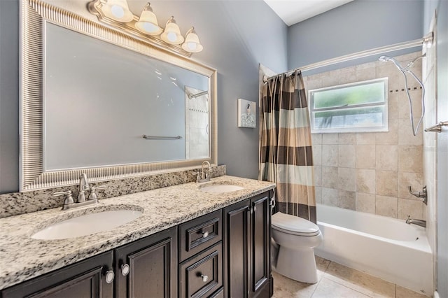 full bathroom featuring toilet, tile patterned floors, dual bowl vanity, and shower / bath combination with curtain