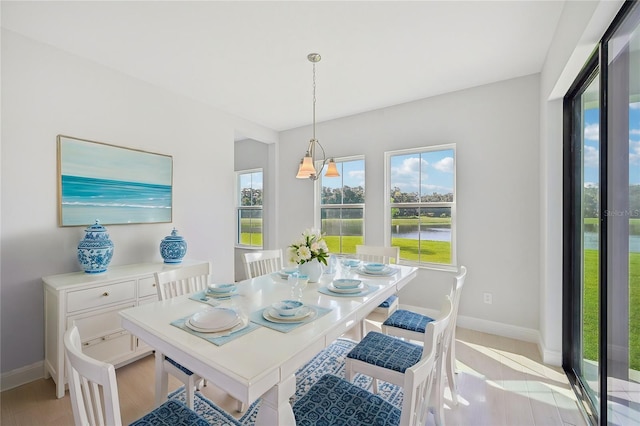 dining room with a water view