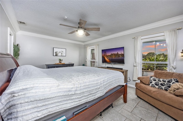 tiled bedroom with ceiling fan, crown molding, and a textured ceiling