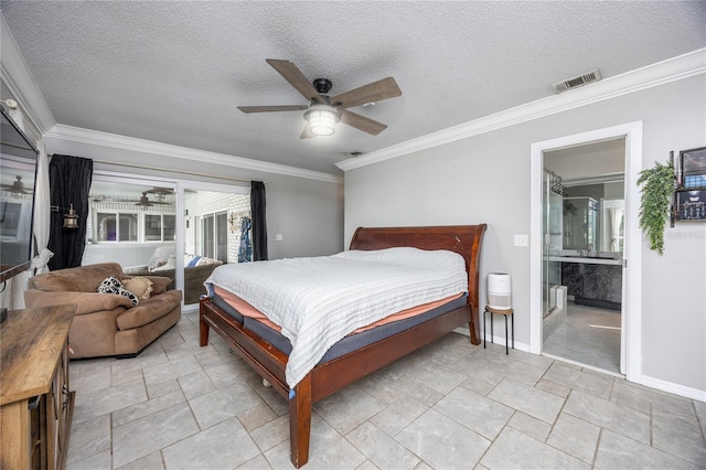 bedroom with a textured ceiling, ensuite bath, ceiling fan, and ornamental molding