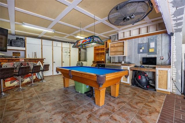 recreation room with billiards and coffered ceiling