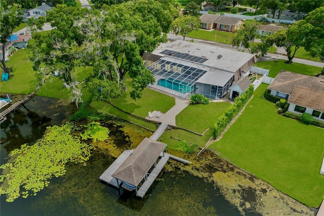 drone / aerial view with a water view